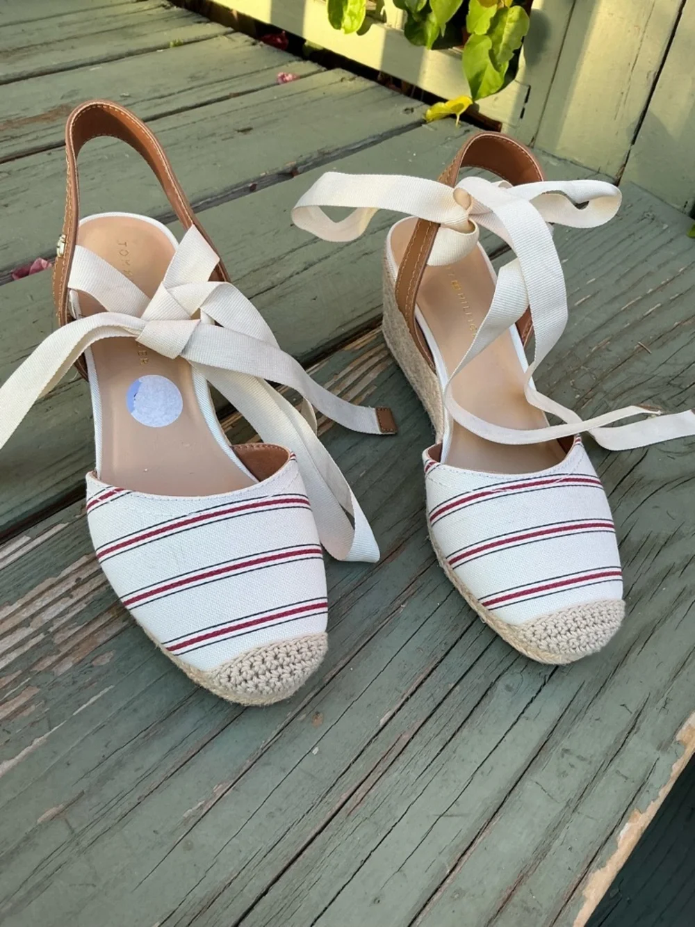 Tommy Hilfiger White Canvas Espadrille Wedges with Red Stripes